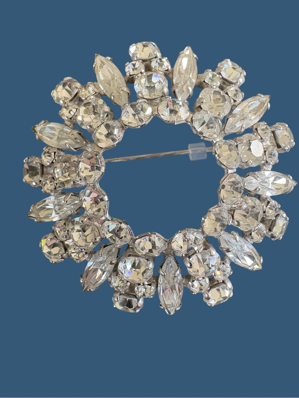 Vintage Sherman Crystal Floral Circle Brooch - Clear Rhinestone Sparkle